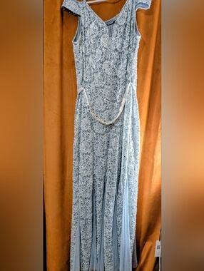 Light Blue Lace Maxi Dress with Ribbon Waist